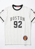 Men's White Striped Baseball T-Shirt - Boston 92 Print Crew Neck Te