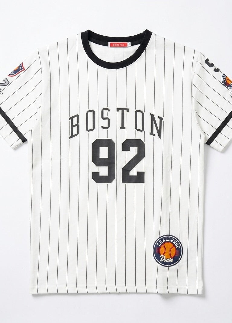 Men's White Striped Baseball T-Shirt - Boston 92 Print Crew Neck Te
