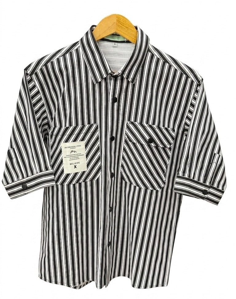 Premium Black and White Vertical Striped Casual Shirt for Men – Regular Fit Button-Down