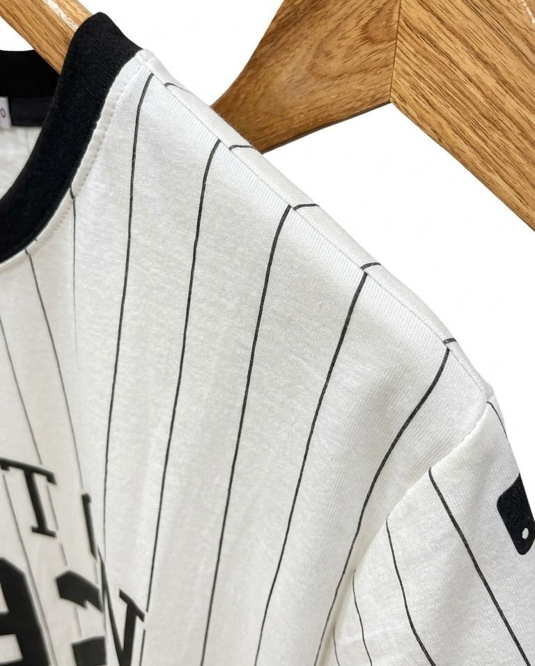 Men's White Striped Baseball T-Shirt - Boston 92 Print Crew Neck Te