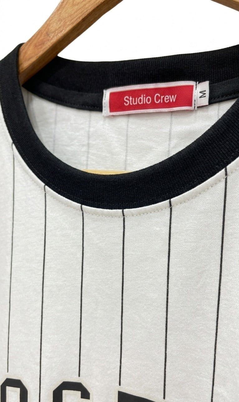 Men's White Striped Baseball T-Shirt - Boston 92 Print Crew Neck Te