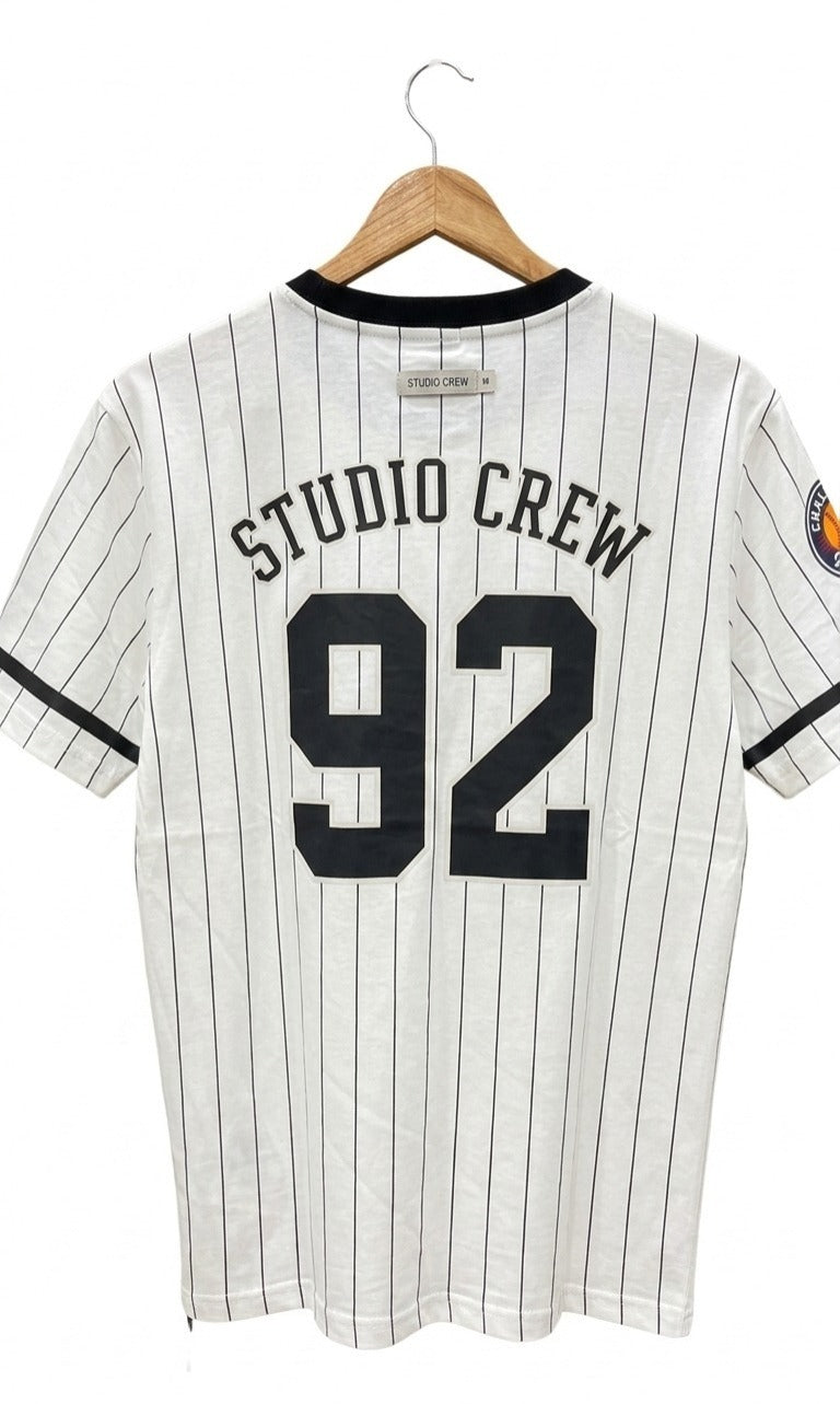 Men's White Striped Baseball T-Shirt - Boston 92 Print Crew Neck Te