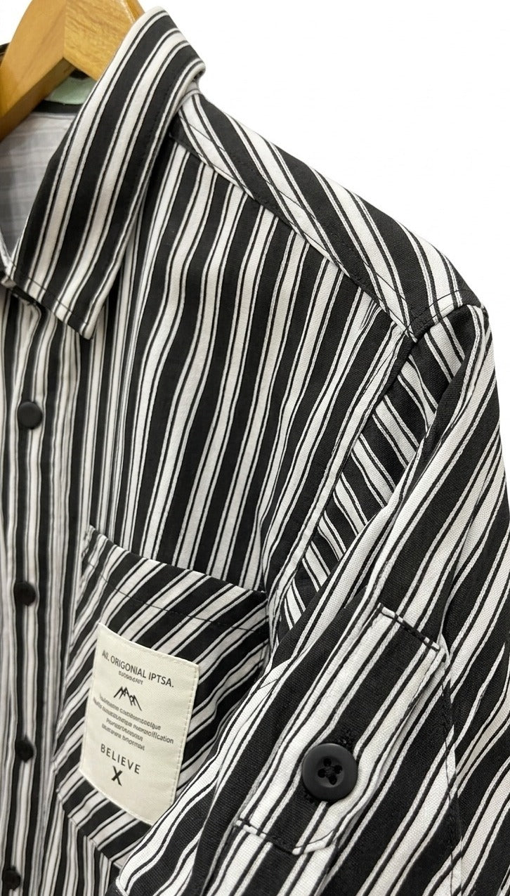 Premium Black and White Vertical Striped Casual Shirt for Men – Regular Fit Button-Down